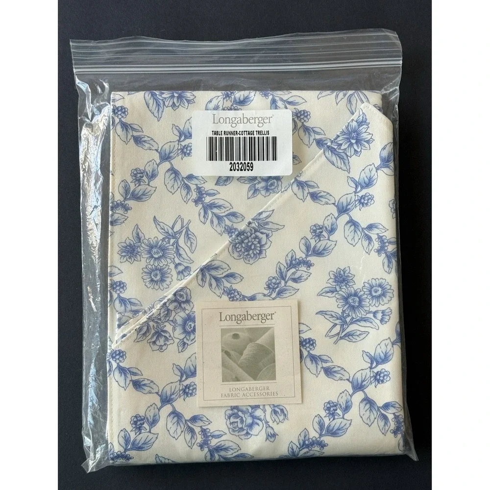NEW Longaberger COTTAGE TRELLIS Table Runner 72x16 Blue/White Farmhouse Decor
